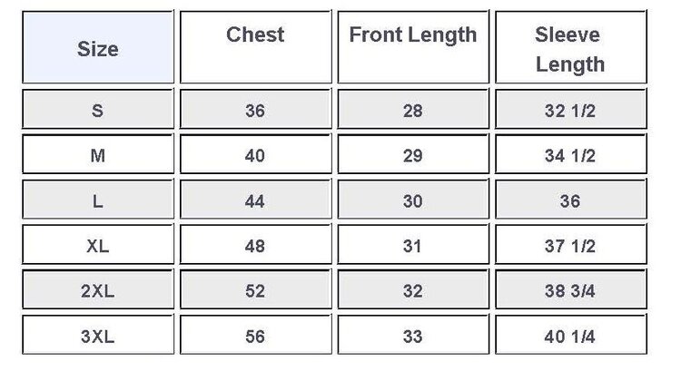 Runner shirt size chart